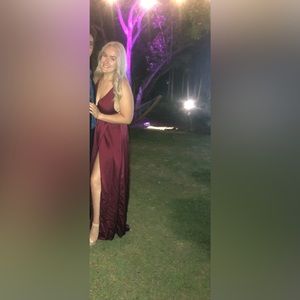 Maroon Satin Maxi Dress with Open Back and Slit